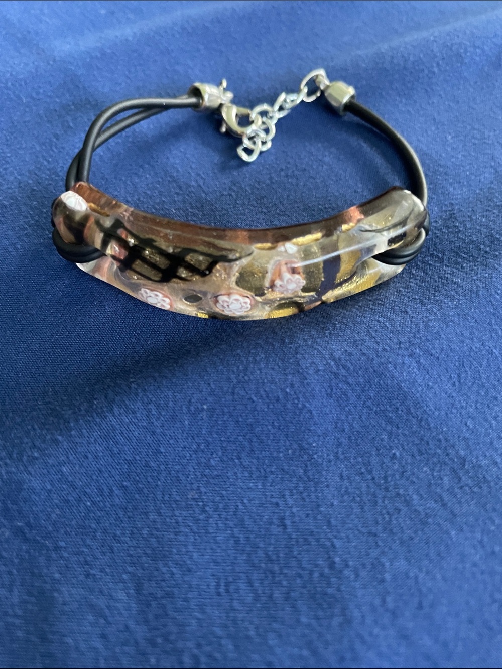 Murano-Style Glass Floral Accent Bracelet in Brown and Black